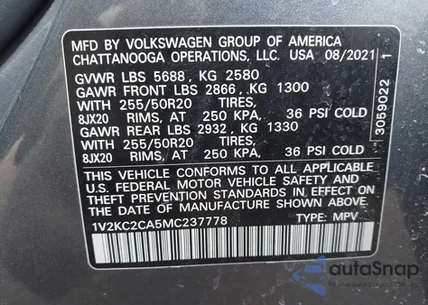 2021 Volkswagen Atlas Cross Sport 2.0T Se W/Technology from USA, damaged, VIN 1V2KC2CA5MC237778